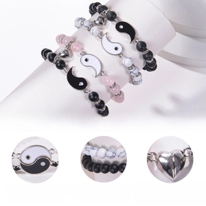 Yin Yang beaded bracelet with 8mm stones and heart shaped magnetic charm for couples
