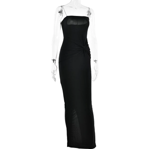 Detail of black sleeveless backless maxi dress featuring pleated knot waist and slim fit