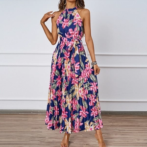 Floral Printed Halter Neck Maxi Dress For Women Summer Sleeveless Pleated High Waist Elegant Long Sun Dress With Belt