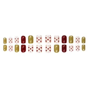 Short square press-on nails with green, red, and floral patterns, 24 piece set