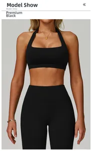 Détail du soutien-gorge de sport dos nu noir et du legging taille haute fitness