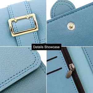 Light blue faux leather long wallet for women featuring golden buckle and cat-ear snap closure