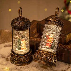 Retro Christmas Snow Globe Lantern LED Light Swirling Glitter Hanging Wind Lamp Santa Claus Snowman Holiday Decor Home Gift