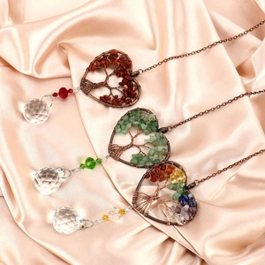 Three heart-shaped Tree of Life suncatchers with natural stones and faceted crystal prisms