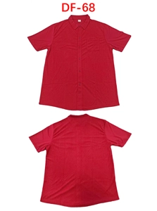 Detail showing red jacquard fabric texture and chest pocket on men's short sleeve polo shirt
