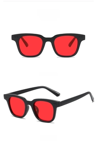 Classic black frame sunglasses with transparent red lenses shown in front and side views