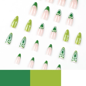 Green swirl heart and star press-on nails with french tip gradient design