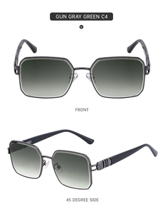 Detail of square gun gray metal sunglasses with gradient green lenses in front and side view