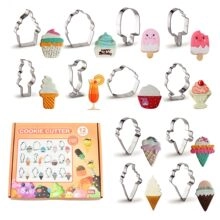 Detail showing 12-piece metal cookie cutter set with dessert shapes and finished cookies
