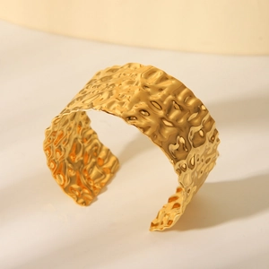 18K gold-plated stainless steel wide open cuff bracelet with hammer-textured finish