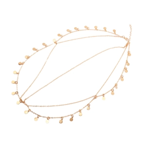Bohemian multi-layer gold metal head chain with round sequins on a white background