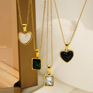 Chic 18K gold-plated titanium steel necklaces with heart and rectangular gem pendants