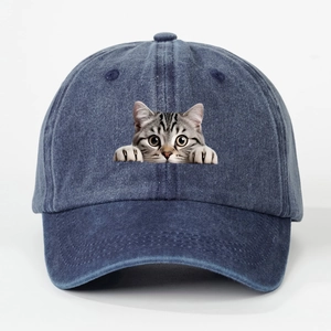 Navy blue washed denim baseball cap with funny tiger cat print for men and women