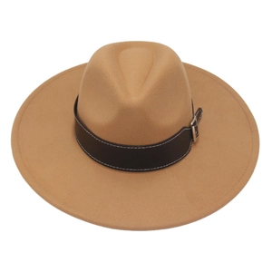 Close-up of khaki wool fedora hat with dark brown leather band and silver buckle detail