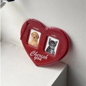 Red double heart plastic photo frame keychain with bead chain for couple photos
