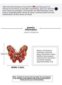 Detailed view of colorful rhinestone butterfly brooch with size and weight measurements