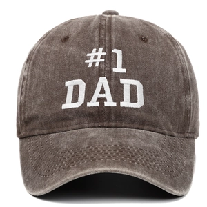 Close-up of vintage washed grey cotton baseball cap with white #1 DAD embroidery detail