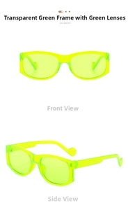 Detail view of transparent green rectangular sunglasses with green lenses from dual angles