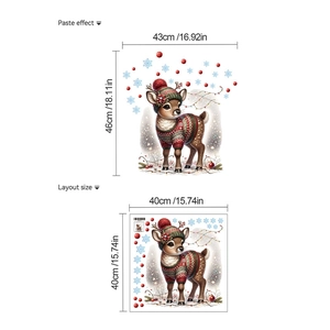 Sticker mural élan de Noël montrant l'effet de pose et les dimensions 40x40cm
