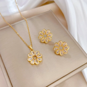 Dainty Flower Necklace And Stud Earrings Jewelry Gold Plated Titanium Steel Zircon With Silver Earring Post For Women