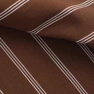 Detailed macro view showing dark brown cotton fabric with thin white stripes texture