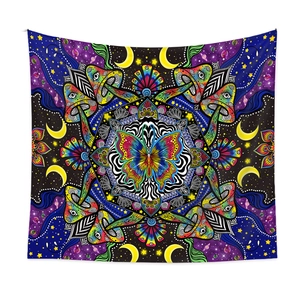 Square psychedelic bohemian wall tapestry with vibrant artistic patterns on fabric