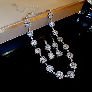 Elegant silver rhinals crystal necklace and earring set with floral patterns for women
