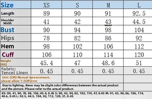 Detailed size chart for the blazer dress including length, shoulder, and bust measurements