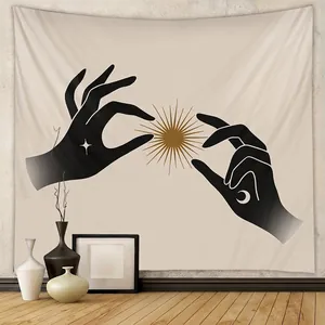 Tapisserie Murale Bohème Polyester Céleste Soleil Lune Mains Mystique Astrologique Décoration Chambre Salon Murale