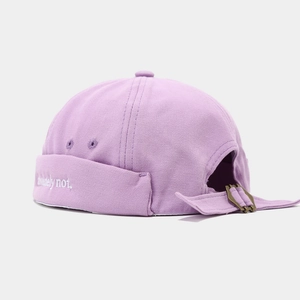 Lavender cotton miki hat with 'absolutely not' embroidery and adjustable strap back
