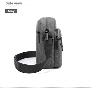 Detail view of water-resistant gray oxford cloth texture and zippers on casual crossbody bag
