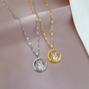 Elegant gold and silver titanium steel necklaces with crescent moon and bunny pendants