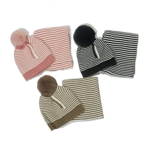 Kids Striped Knitted Hat And Scarf Acrylic Warm Winter Beanie With Pom Pom For Boys Girls Comfortable Outdoor Wear