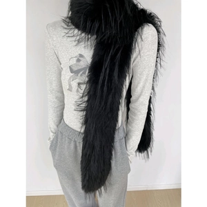 Plush black faux mink fur scarf for women, warm long thick winter neck wrap on model