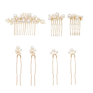 7-piece bridal hair jewelry set with handmade pearls, combs and pins in gold finish