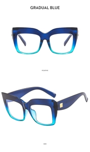 Detail of blue gradient cat-eye glasses frame with gold accents from side and front