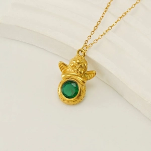 Engel Hanger Ketting 18K Verguld Roestvrij Staal Groene Zirkoon Retro Minimalistisch Voor Dames
