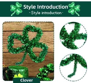 Close-up of sparkling green tinsel shamrock decoration for St. Patrick's Day scenes