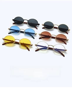 Collection of vintage oval metal sunglasses with faux wood temples in six assorted lens colors