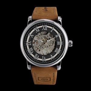 Macro detail of men's skeleton watch featuring silver case and brown leather strap