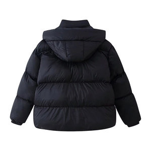 Back view of minimalist black hooded puffer jacket with short quilted design for winter