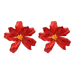 Exaggerated red acrylic flower earrings with yellow stamen for beach vacation style