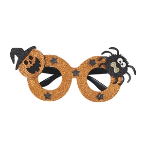 Glittery orange Halloween pumpkin and spider party glasses for festive costume props