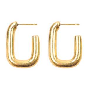 Close-up of gold U-shaped 304 stainless steel hoop earrings with polished 18K finish