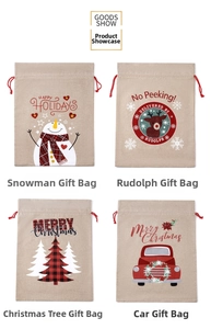 Detail van 4 kerstcadeauzakjes van jute met sneeuwpop- en rendierpatronen