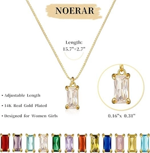 Detail of 14K gold plated necklace showing dimensions and multiple color options