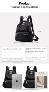Detailed size chart and internal structure of the black quilted oxford backpack