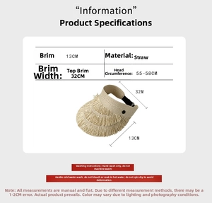 Detailed sizing chart and material specifications for the straw sun visor hat with measurements