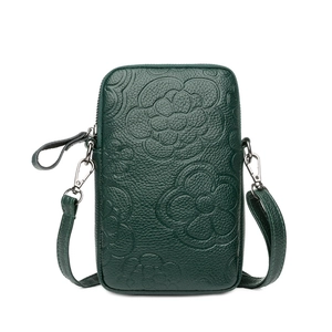 Petit sac bandoulière vert foncé pour téléphone avec motifs floraux en relief