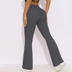 Detail view of high waist charcoal yoga flare pants featuring scrunch butt design